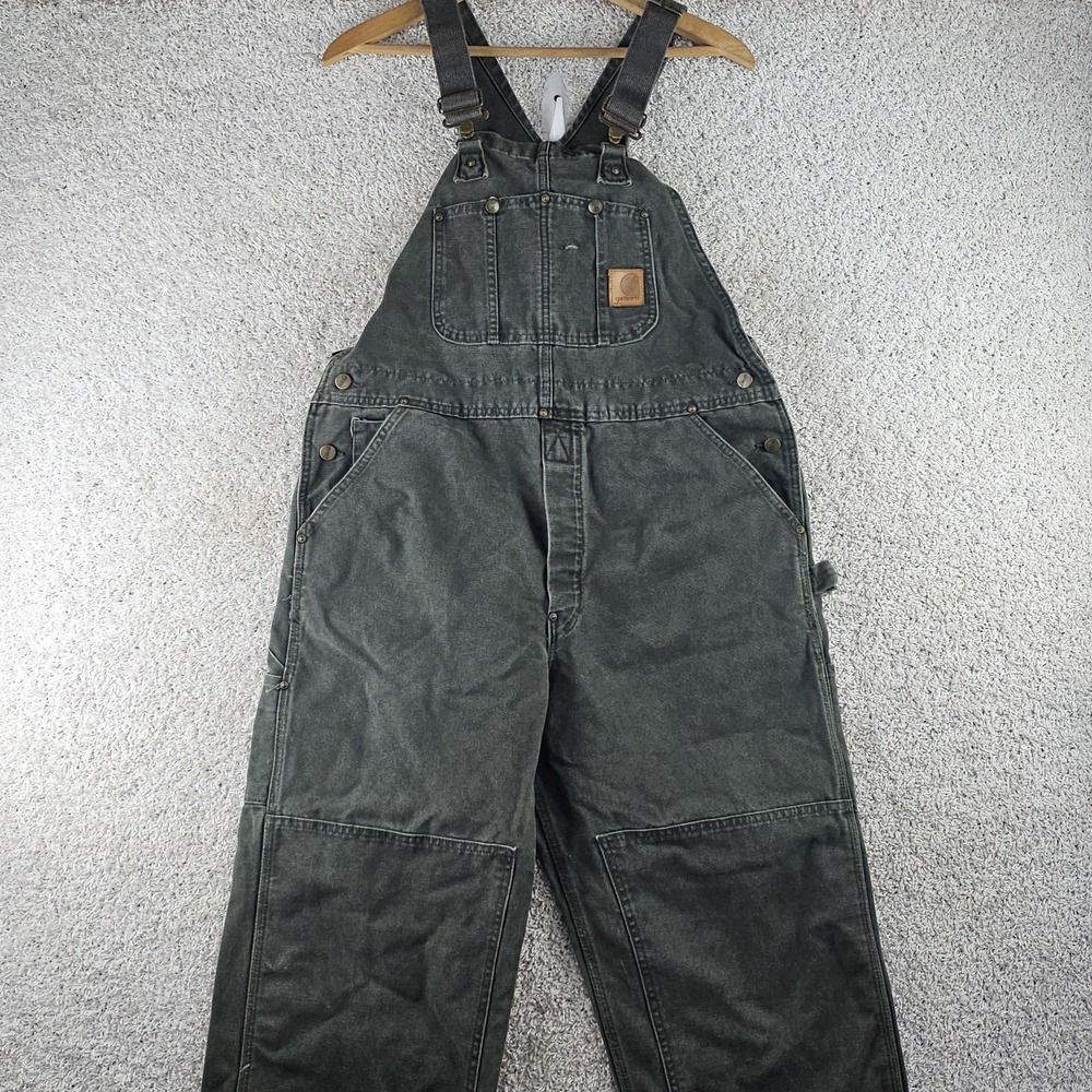 Vintage Carhartt R06 MOS Moss Green Double Knee Bib Overalls Mens 38x30 Made USA